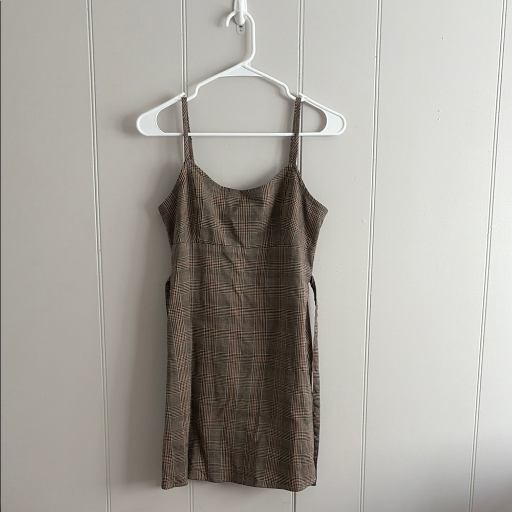 Brandy Melville Plaid Mini Dress with Spaghetti Straps - Brown